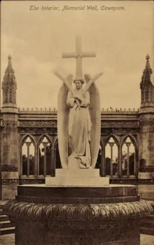 Ak Cawnpore Kanpur Indien, Engelstatue mit Kreuz, Memorial Well,   
