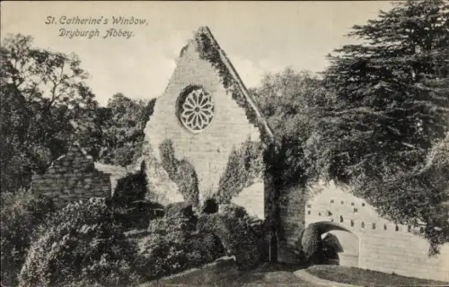 Ak Dryburgh North East England, St. Catherine's Window,  Fensterrose, Natur, Steinbau