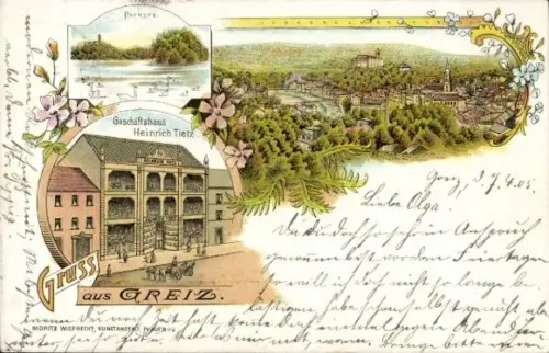 Litho Greiz im Vogtland Thüringen, Panorama, Parksee, Geschäftshaus Heinrich Tietz