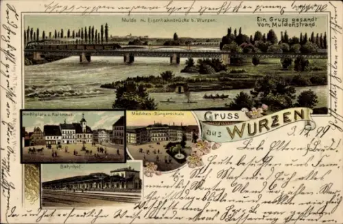 Litho Wurzen in Sachsen, Marktplatz, Rathaus, Mädchen Bürgerschule, Bahnhof, Eisenbahnbrücke