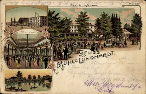 Litho Lindhardt Naunhof Sachsen, Mühle Lindhardt, Gasthaus, Ballsaal