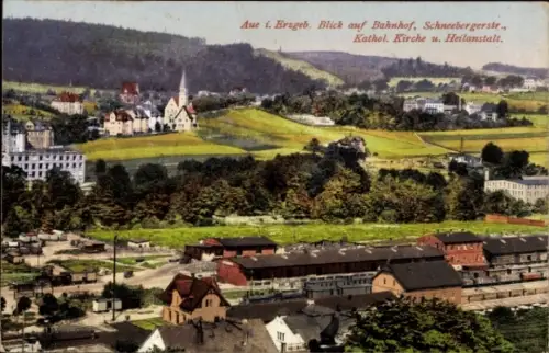 Ak Aue im Erzgebirge Sachsen, Blick auf Bahnhof, Schneebergerstraße, katholische Kirche, Heilanst