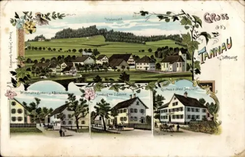 Litho Tannau Tettnang in Württemberg, Gesamtansicht, Gasthaus, Geschäft