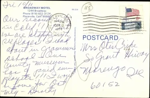 Ak Placerville Kalifornien USA, Broadway Motel, 1244 Broadway