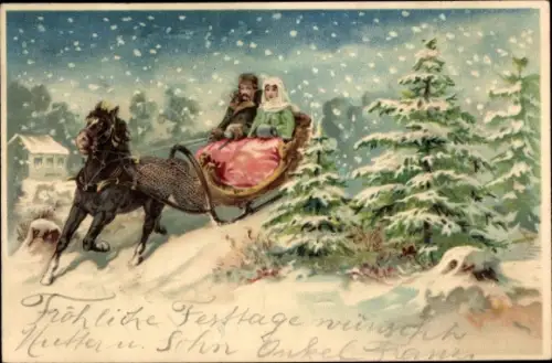 Litho Paar im Schlittengespann, Winterlandschaft, Schneefall