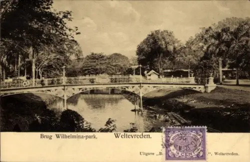 Ak Weltevreden Batavia Jakarta Indonesien, Wilhelmina Park, Brücke