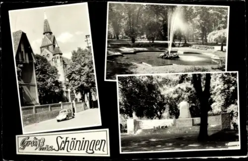 Ak Schöningen in Niedersachsen, Blick zur Kirche, Springbrunnen, Denkmal