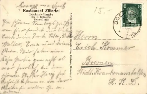 Ak Riemke Bochum im Ruhrgebiet, Restaurant Zillertal, Inh. H. Schneider