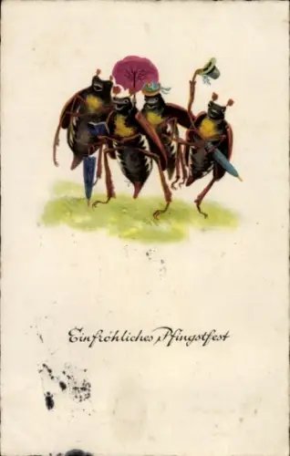 Ak Frohe Pfingsten, vermenschlichte Maikäfer