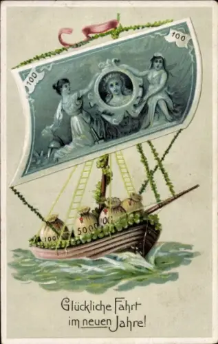 Präge Ak Fröhliches Neujahr, Segelboot mit Geldschein als Segel, Geldsäcke, Kleeblätter