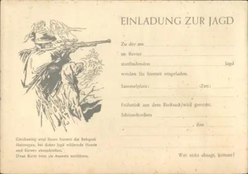 Ak Einladung zur Jagd, Reklame Patrone Rauchlos Express, die stets Zuverlässige