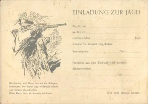 Ak Einladung zur Jagd, Reklame Patrone Rauchlos Express, die stets Zuverlässige