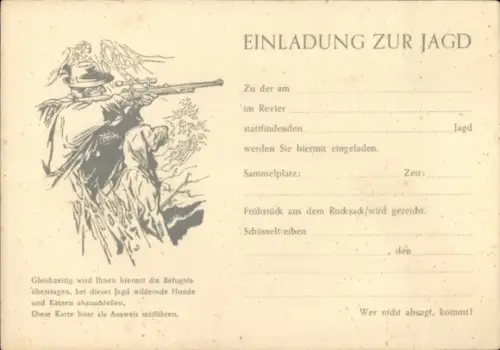 Ak Einladung zur Jagd, Reklame Patrone Rauchlos Express, die stets Zuverlässige
