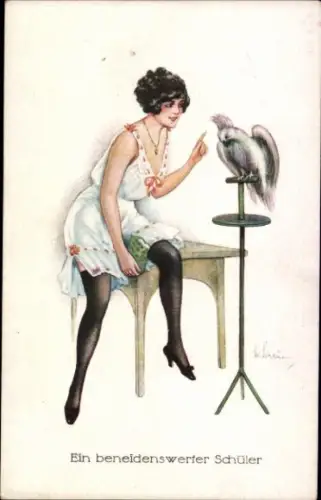 Künstler Ak Ein beneidenswerter Schüler, Frau in Strümpfen, Papagei