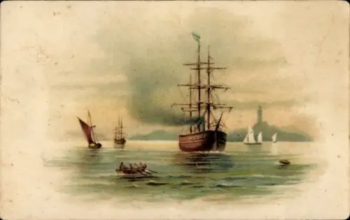Litho Seepanorama, Segelschiff, Boote