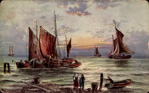 Künstler Ak Seepanorama, Ufer, Fischerboote