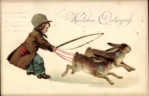 Präge Ak Glückwunsch Ostern, Osterhasen, Junge, Hasengespann