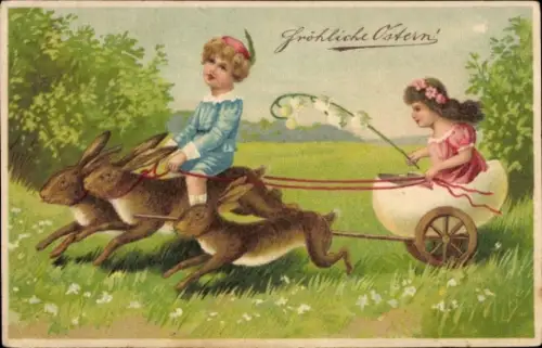 Präge Ak Glückwunsch Ostern, Hasengespann, Kinder