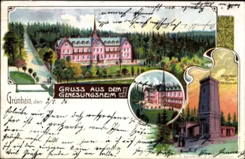 Litho Grünhain im Erzgebirge Sachsen, König Albert Turm, Genesungsheim