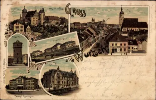 Litho Wurzen in Sachsen, Jäger-Kaserne, Kgl. Gymnasium, Post