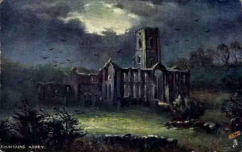 Ak North Yorkshire, Fountains Abbey,  Ruine, Vögel am Himmel, Dunkler Himmel