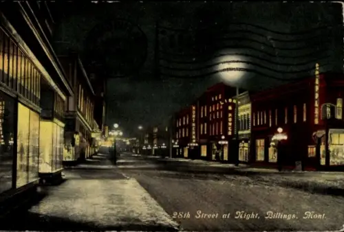 Ak Billings Montana USA, 28th Street bei Nacht,  Geschäfte, Straßenlaternen, 