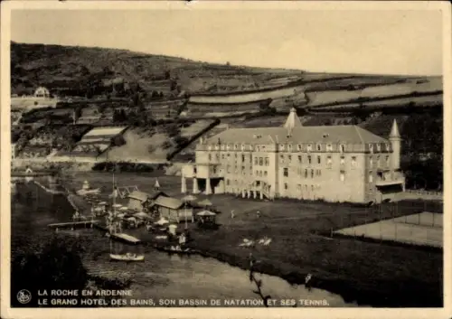 Ak La Roche en Ardenne Wallonien Luxemburg, Hotel am Wasser, Schwimmbad, Tennisplätze, Landschaft