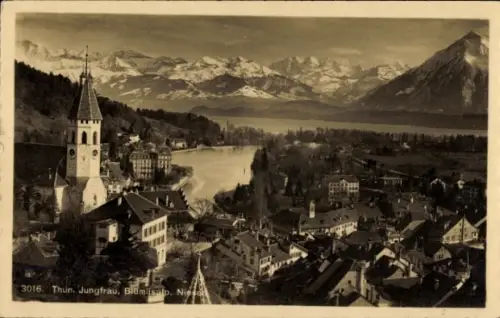 Ak Thun Kanton Bern Schweiz,  Jungfrau, Blomlisalp, Berge, See, Stadtansicht
