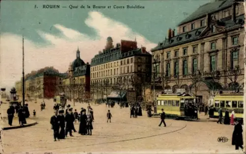 Ak Rouen Seine Maritime, Quai de la Bourse, Cours Boieldieu,  Straßenbahn, Menschen