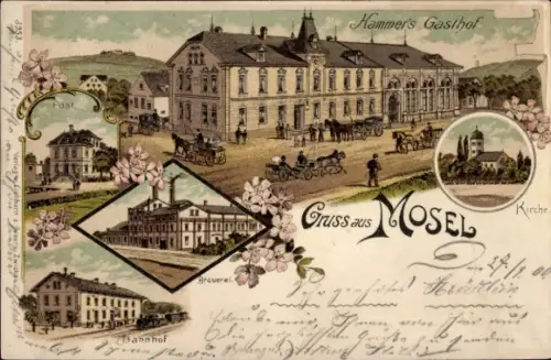 Litho Mosel Zwickau in Sachsen, Hammers Gasthof, Post, Brauerei, Bahnhof, Kirche