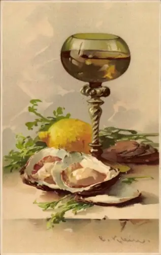 Künstler Litho Klein, Catharina, Austern, Wein, Meissner & Buch 1610