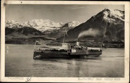 Ak Dampfschiff auf dem Thuner See, Thunersee, Blümlisalp, Niesen