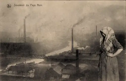 Ak Souvenir du Pays Noir, Bergbaugebiet, Hütten, Frau mit Kopftuch