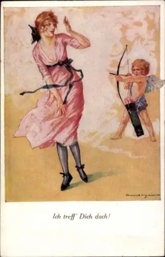 Künstler Ak Ich treff' Dich doch, Amor zielt auf eine Frau