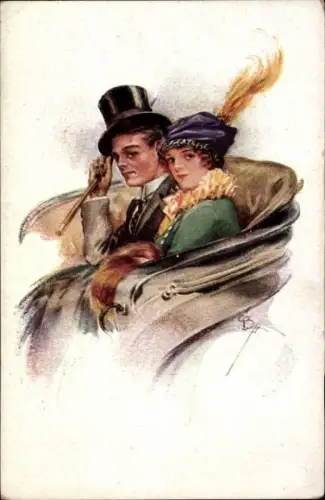 Künstler Ak Kutschfahrt, Liebespaar