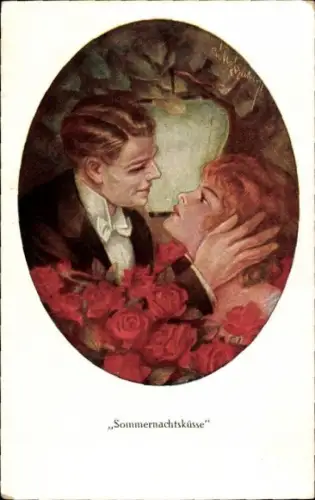 Künstler Passepartout Ak Sommernachtsküsse, Liebespaar