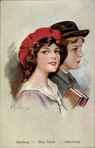 Künstler Ak Schulweg, Kinder