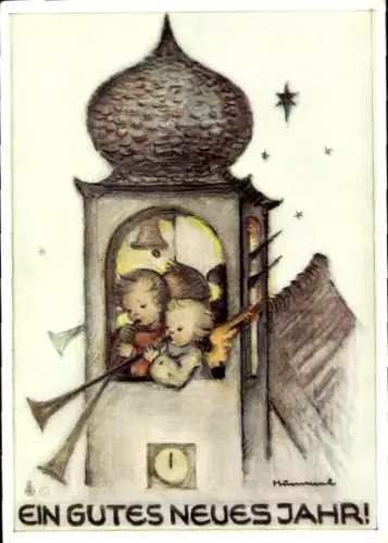 Künstler Ak Hummel, Berta, Glückwunsch Neujahr, Engel mit Fanfaren, Nr. 5430