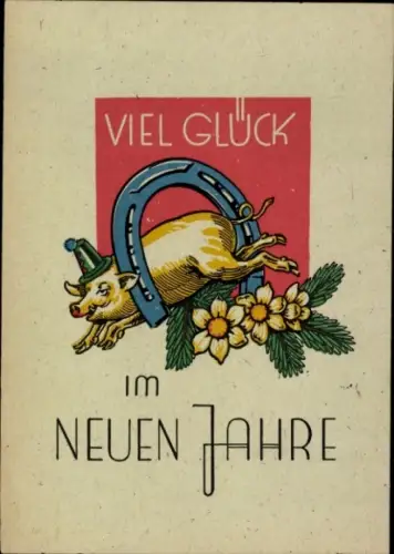Ak Fröhliches Neujahr, Schwein mit Hut, Hufeisen