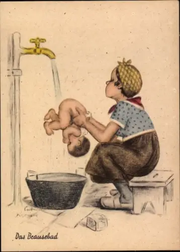 Künstler Ak Rosemann, Carl, Brausebad, Mutter wäscht ihr Kind am Wasserhahn