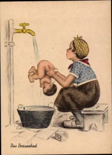Künstler Ak Rosemann, Carl, Das Brausebad, Mutter wäscht ihr Kind am Wasserhahn