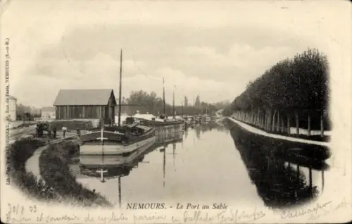 Ak Nemours Seine-et-Marne, Hafenansicht, Boote, Kanal, Bäume, Nemours
