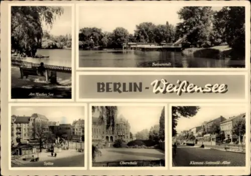 Ak Berlin Weißensee, Badeanstalt am Weißen See, Spitze, Oberschule, Klement Gottwald Allee