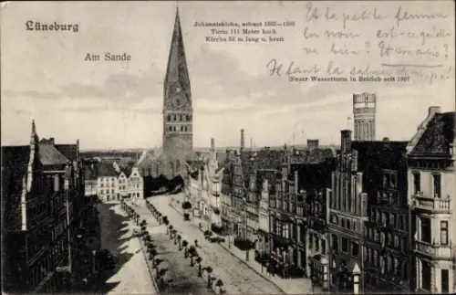 Ak Lüneburg in Niedersachsen,  Am Sande, Johanniskirche, Neuer Wasserturm, 111 Meter hoch