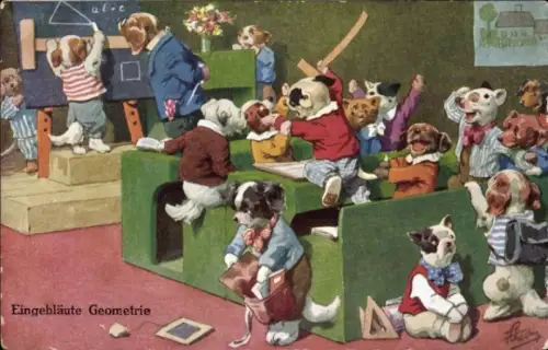 Künstler Ak Vermenschlichte Hunde in der Schule, Lehrer
