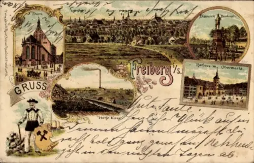 Wappen Litho Freiburg in Sachsen, Hohe Esse, Dom, Bismarck Denkmal, Rathaus, Obermarkt, Bergmann 