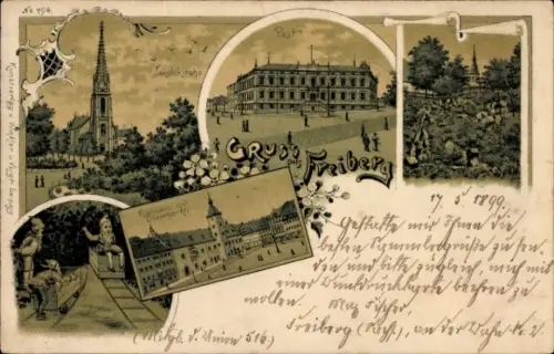Litho Freiberg in Sachsen, Königsallee, Jakobikirche, Post, Rathaus, Obermarkt, Zwerge im Bergwerk