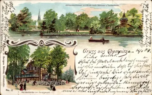 Litho Chemnitz in Sachsen, Schlossteichinsel, Schloss und Taubenhaus, Waldschänke Zeisigwald