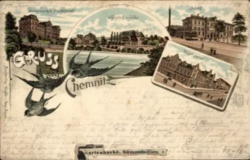 Litho Chemnitz in Sachsen, Naturheilanstalt, Schloss, Bahnhof, Post