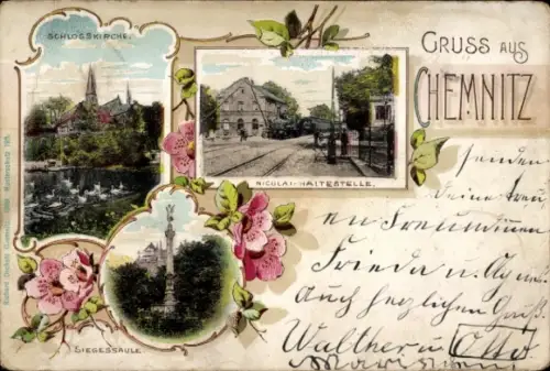 Ak Chemnitz in Sachsen, Schlosskirche, Siegessäule, Nikolai Haltestelle